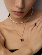 Necklace on model in natural sunlight showing stone's true color.