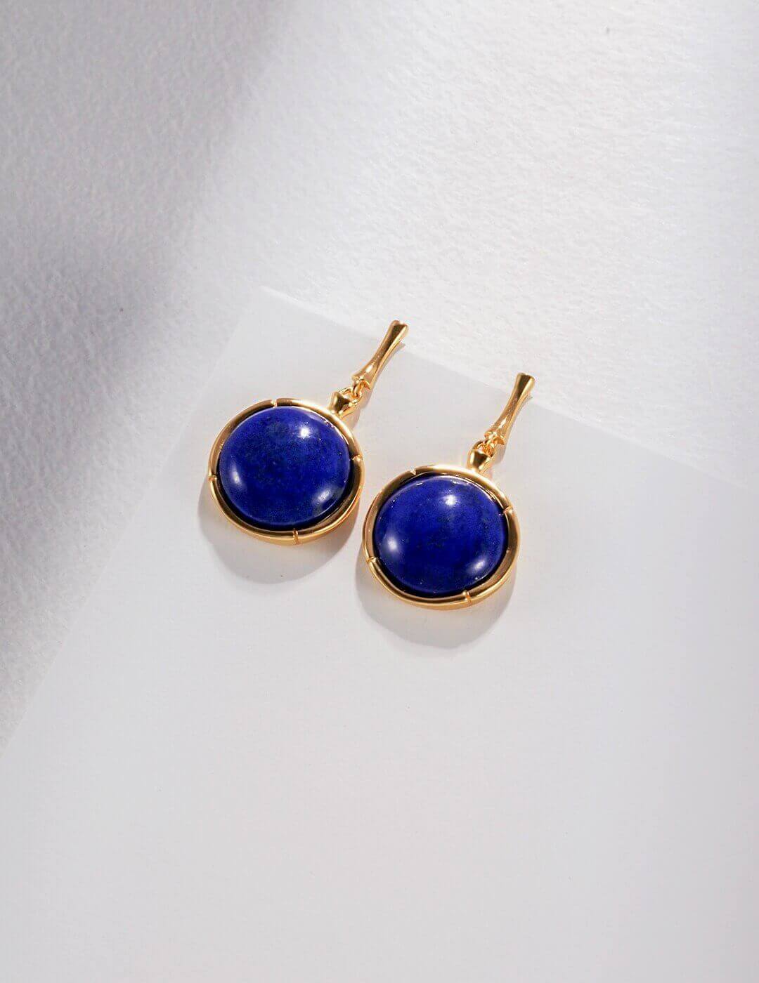 Natural Lapis Lazuli earrings in S925 sterling silver with K-gold finish, featuring deep blue stones with golden pyrite specks.