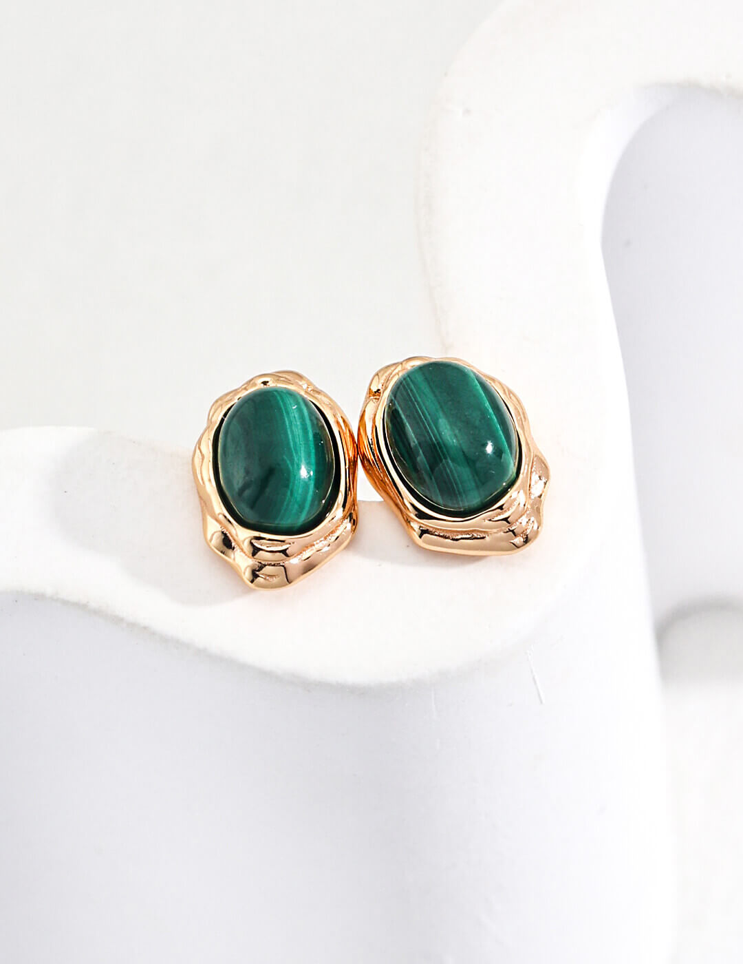Front view of natural malachite stud earrings in S925 sterling silver and vintage gold plating.