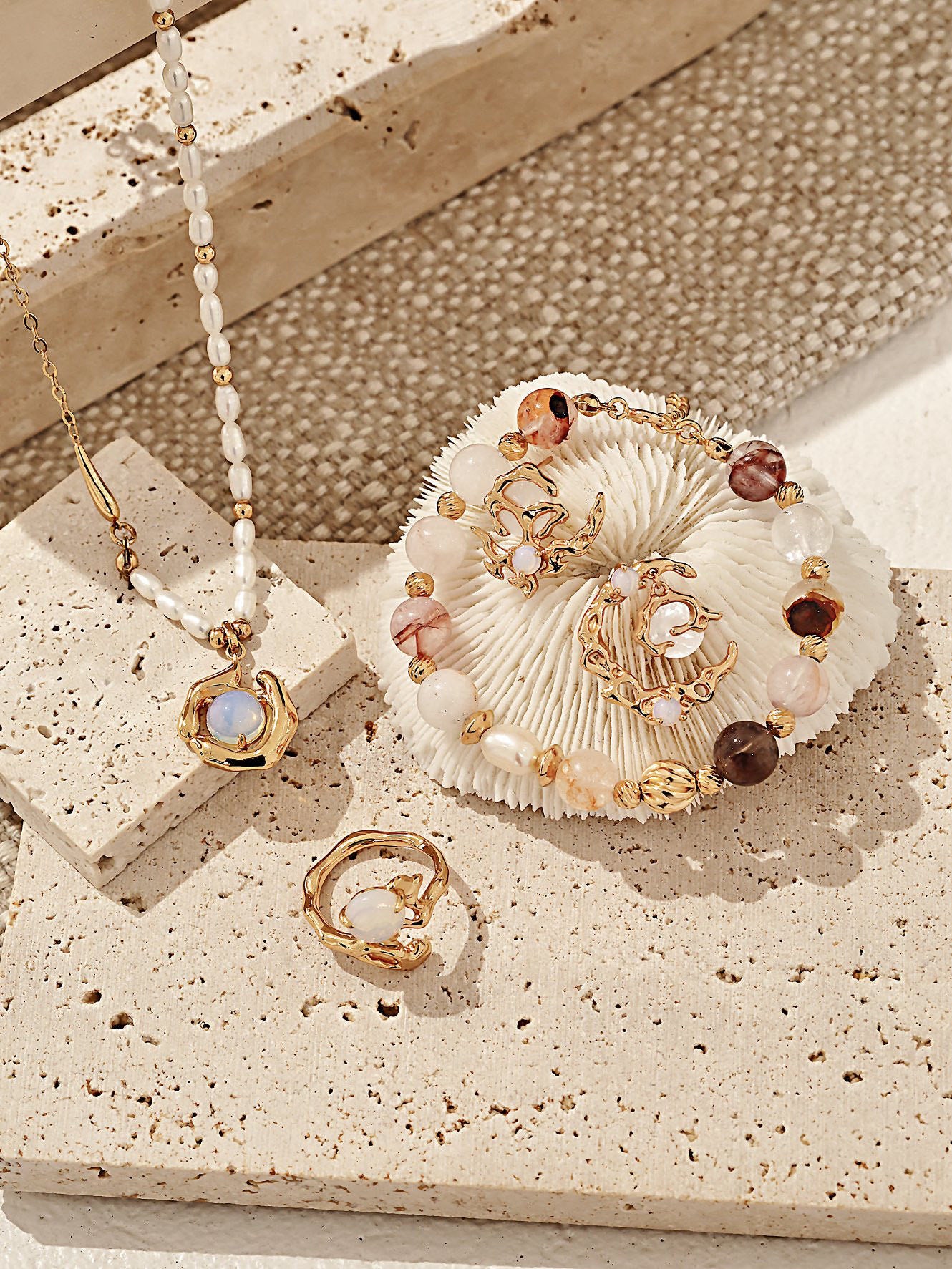 The Natural Pearl and Red Agate Crystal Bracelet presented in an elegant gift box.