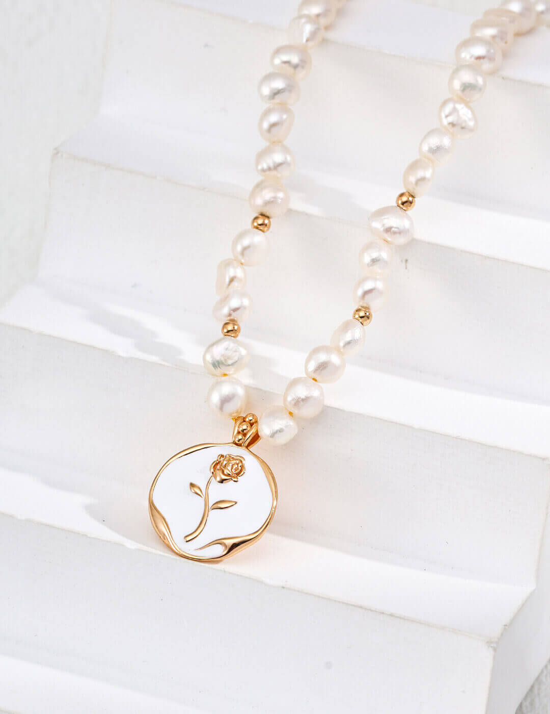 Natural Pearl Enamel Rose 925 Silver Necklace featuring a simple yet elegant rose design with modern aesthetic.