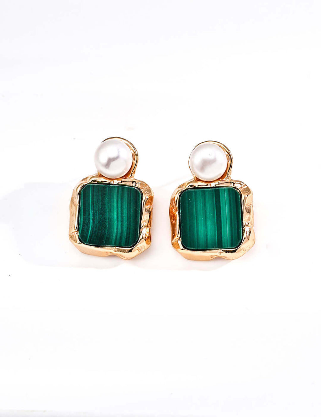 Front view of natural pearl and malachite drop earrings in vintage gold S925 silver.