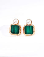 Front view of natural pearl and malachite drop earrings in vintage gold S925 silver.