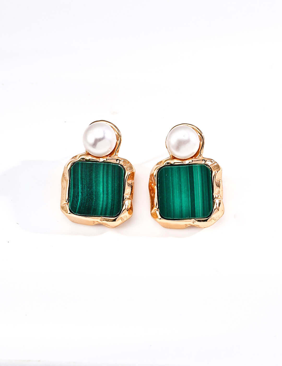 Front view of natural pearl and malachite drop earrings in vintage gold S925 silver.