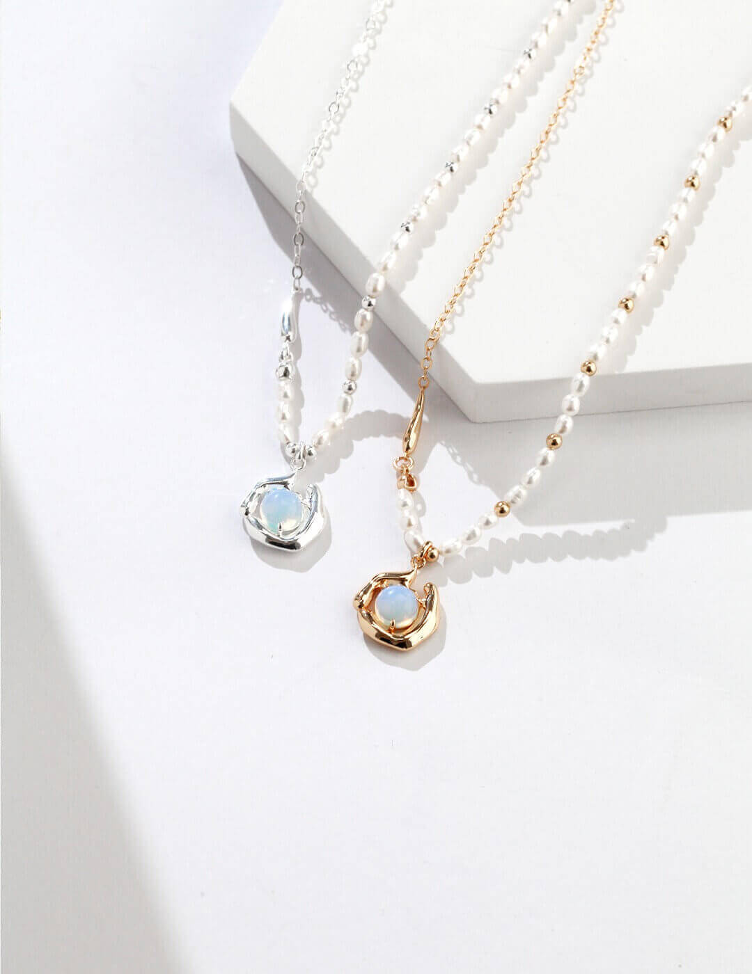 Natural Pearl & Opal 925 Silver Necklace featuring a transparent blue opal resembling a clear lake surrounded by fluid sterling silver mountains.