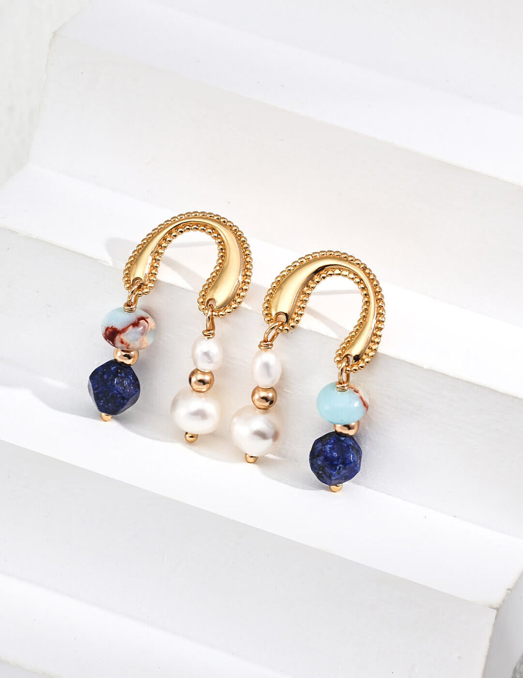 Exquisite drop earrings blending the celestial blue of Lapis Lazuli, warm tones of Shoushan Stone, and soft glow of natural pearls in elegant bohemian style.