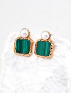 Close-up of the 2cm drop earrings showing the 6mm pearl and malachite stone details.