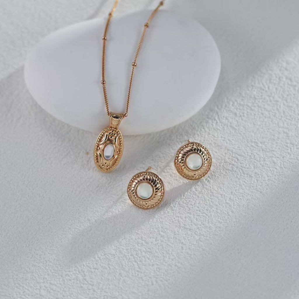 Luminous shell cabochon capturing and reflecting light with beautiful iridescent glow.