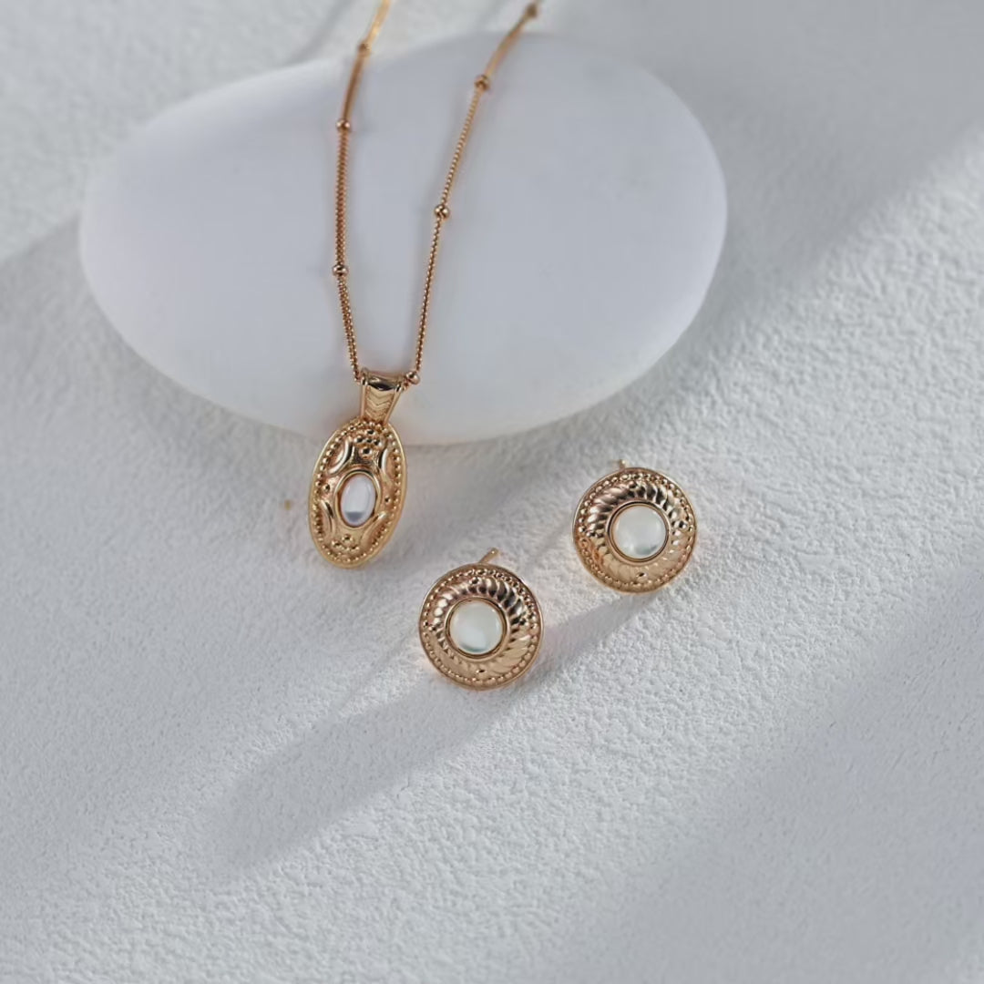 Luminous shell cabochon capturing and reflecting light with beautiful iridescent glow.