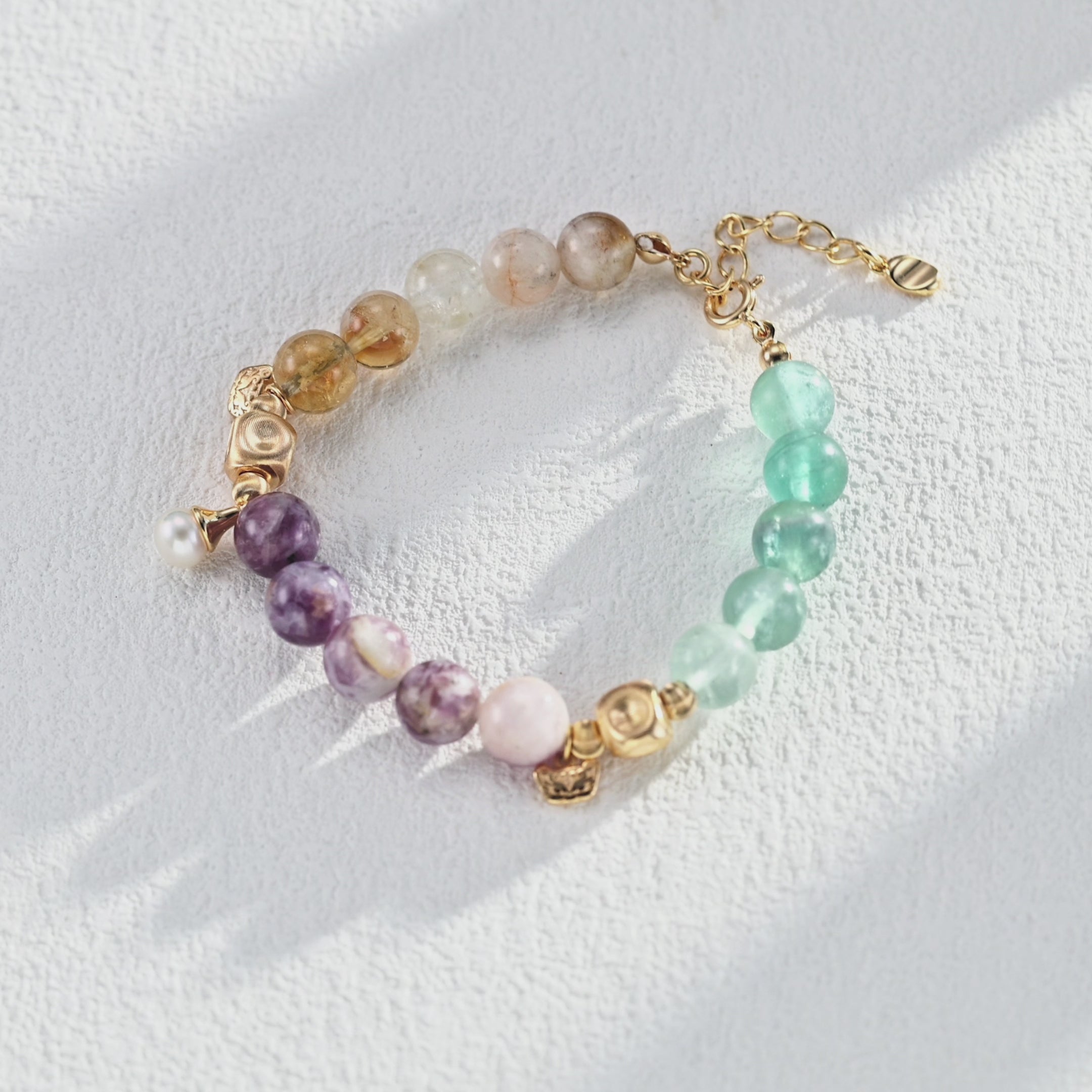 Lepidolite, Pearl, Yellow Apatite, and Green Fluorite Bracelet