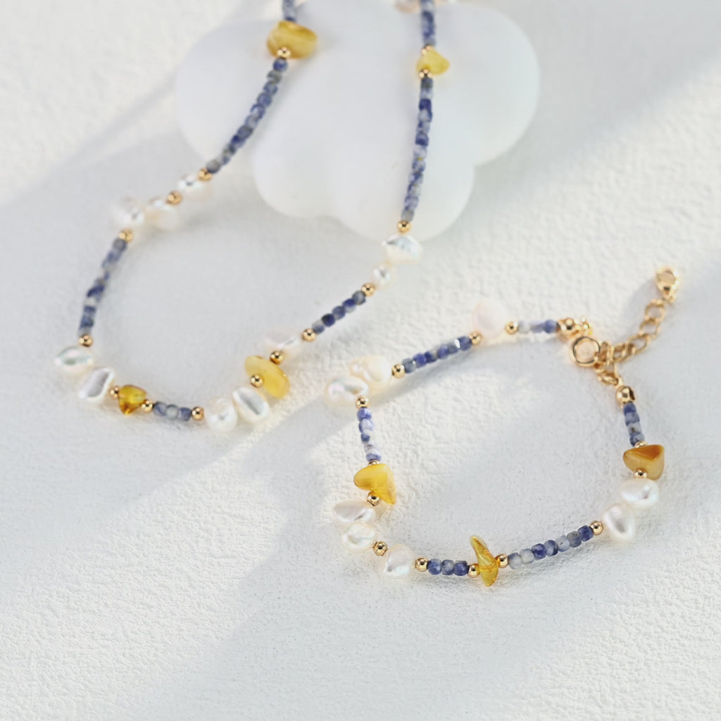 Natural Pearl & Blue Spot Jasper Beeswax 925 Silver Set