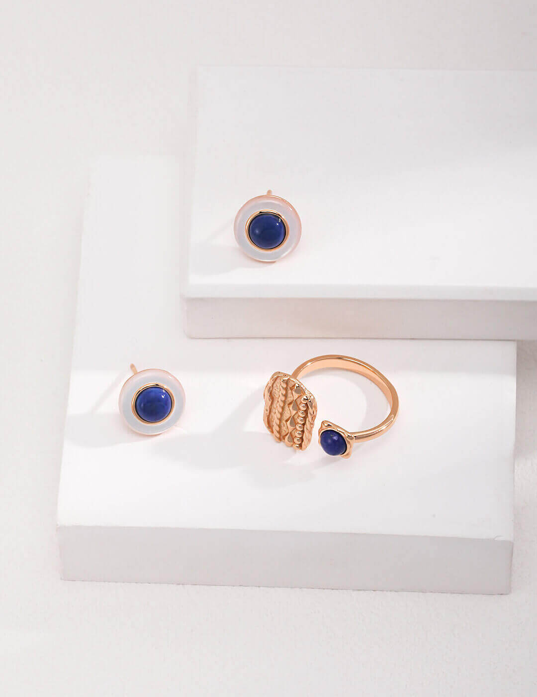 Side profile of lapis lazuli shell stud earrings showing comfortable low-profile design for daily wear.