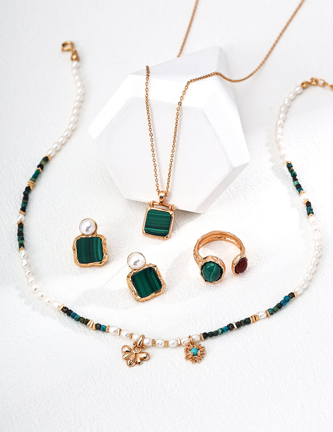 Romantic malachite necklace adding fresh elegance to casual daytime outfits and everyday style.
