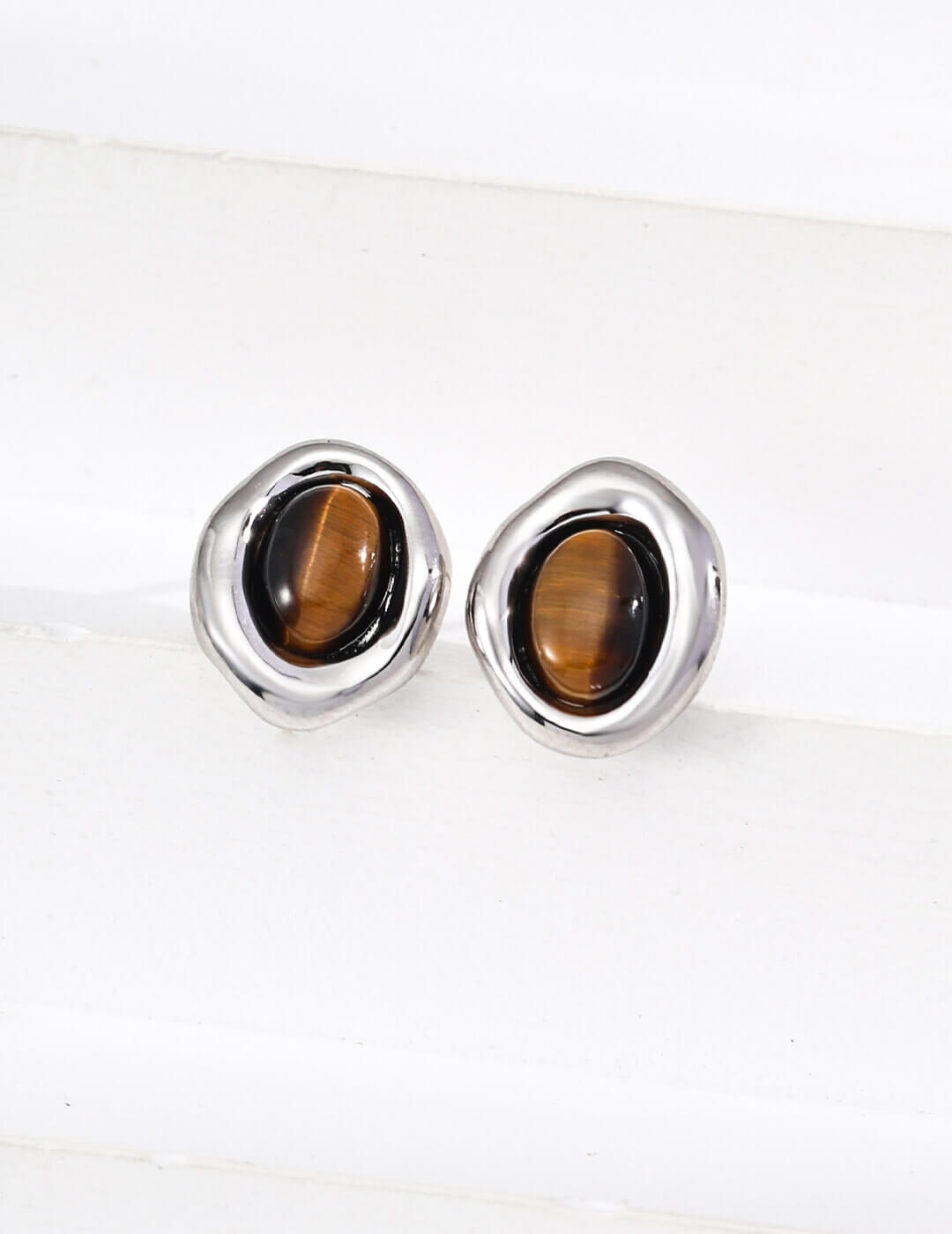 Tiger's Eye stud earrings in classic Silver plating.