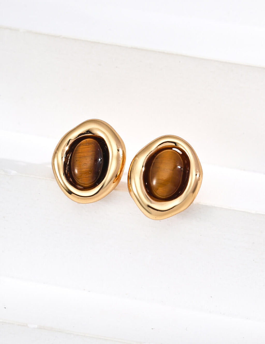 Tiger's Eye stud earrings plated in elegant Vintage Gold.
