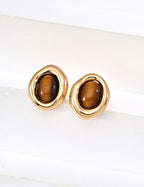 Tiger's Eye stud earrings plated in elegant Vintage Gold.