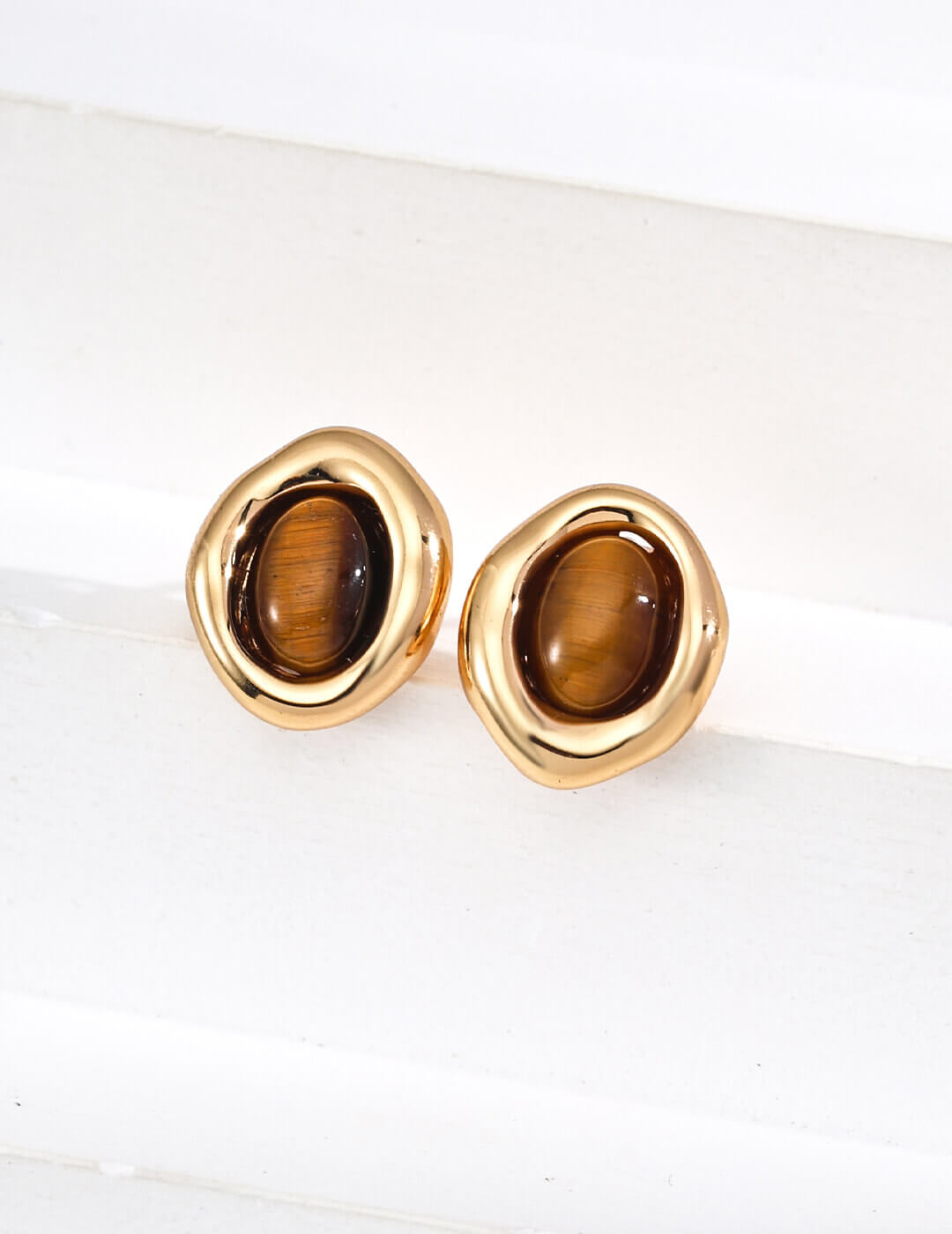 Tiger's Eye stud earrings plated in elegant Vintage Gold.