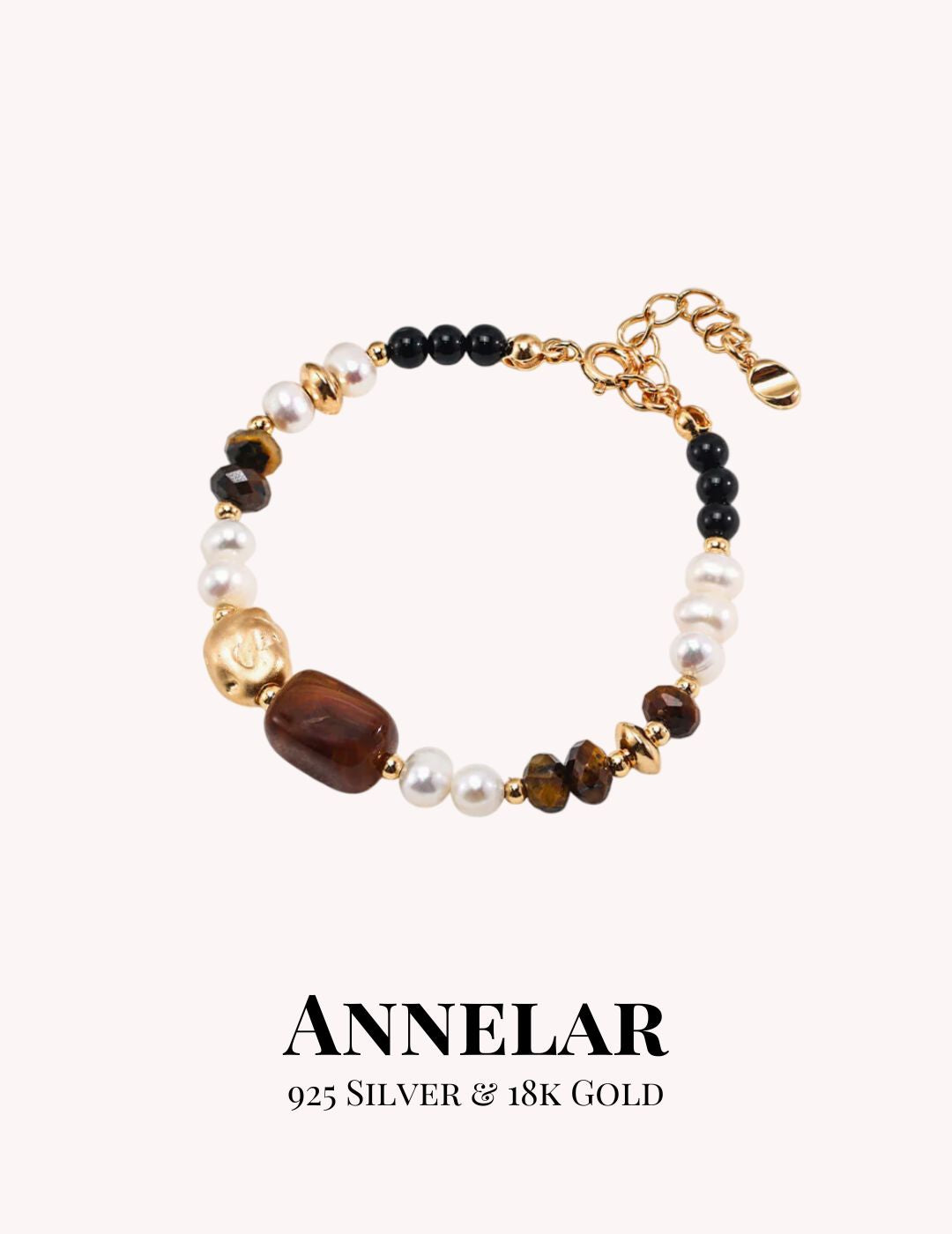 Bracelet with beads and gold accents on a white background, featuring the brand 'ANNELAR'.