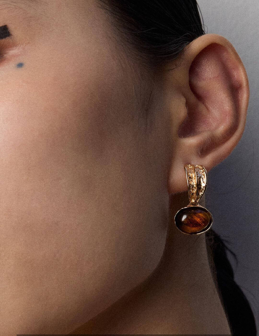 Warm Tiger's Eye earrings in S925 sterling silver, featuring golden brown chatoyancy and textured artistry.