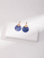 Front view of vintage gold fan drop earrings with blue Aventurine stone.