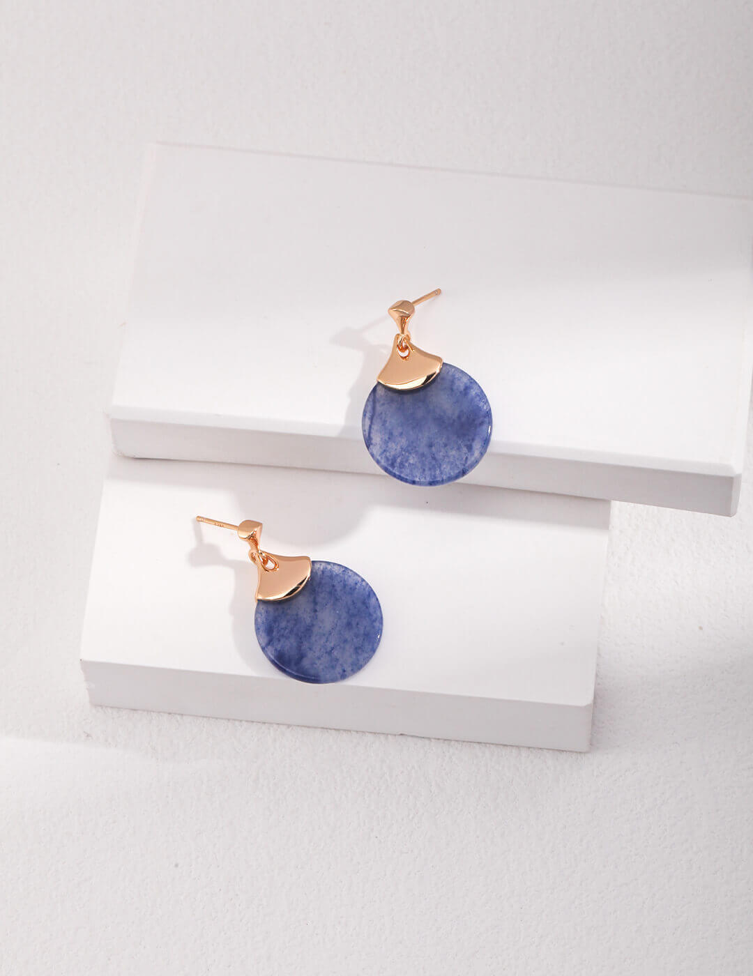  A pair of Blue Aventurine fan drop earrings displayed on a neutral background.