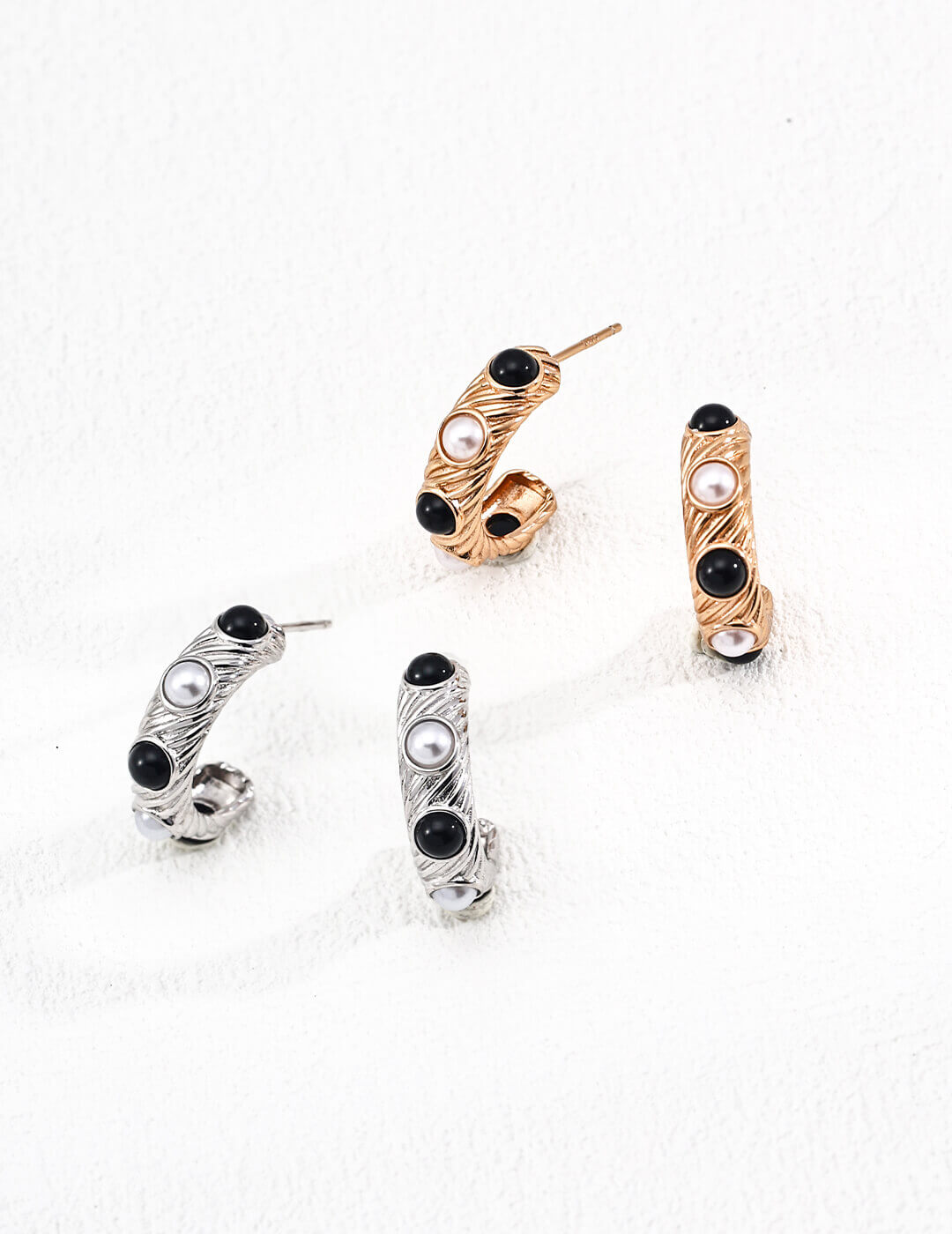 Vintage natural pearl and black onyx stud earrings collection in S925 sterling silver, available in vintage gold and white gold finishes.