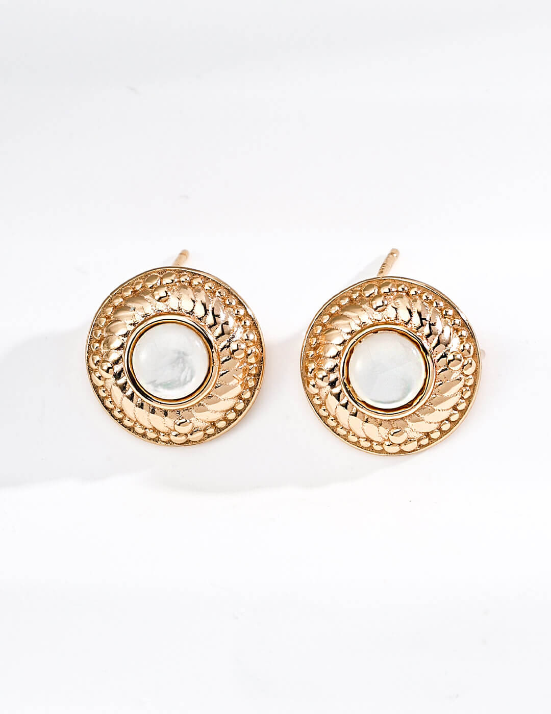 Vintage shell stud earrings in S925 sterling silver with warm gold finish, featuring 5mm luminous shell cabochon center