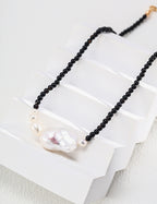 Minimalist Irregular Natural Pearl & Black Onyx Necklace